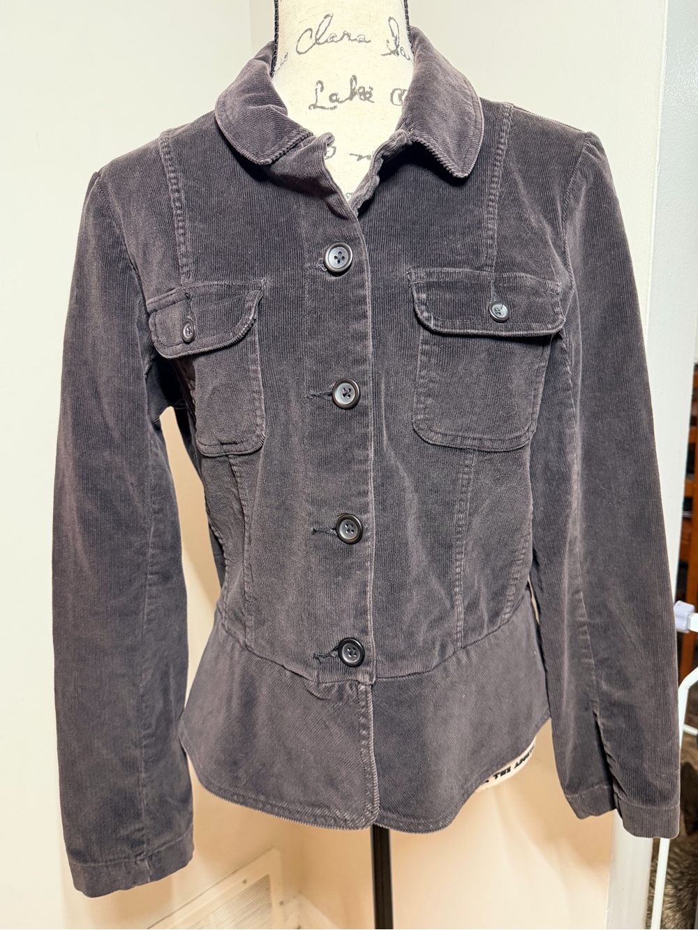 St. John’s Bay Grey Corduroy Fitted Utility Jacket M Stretch Cotton Grunge Biker